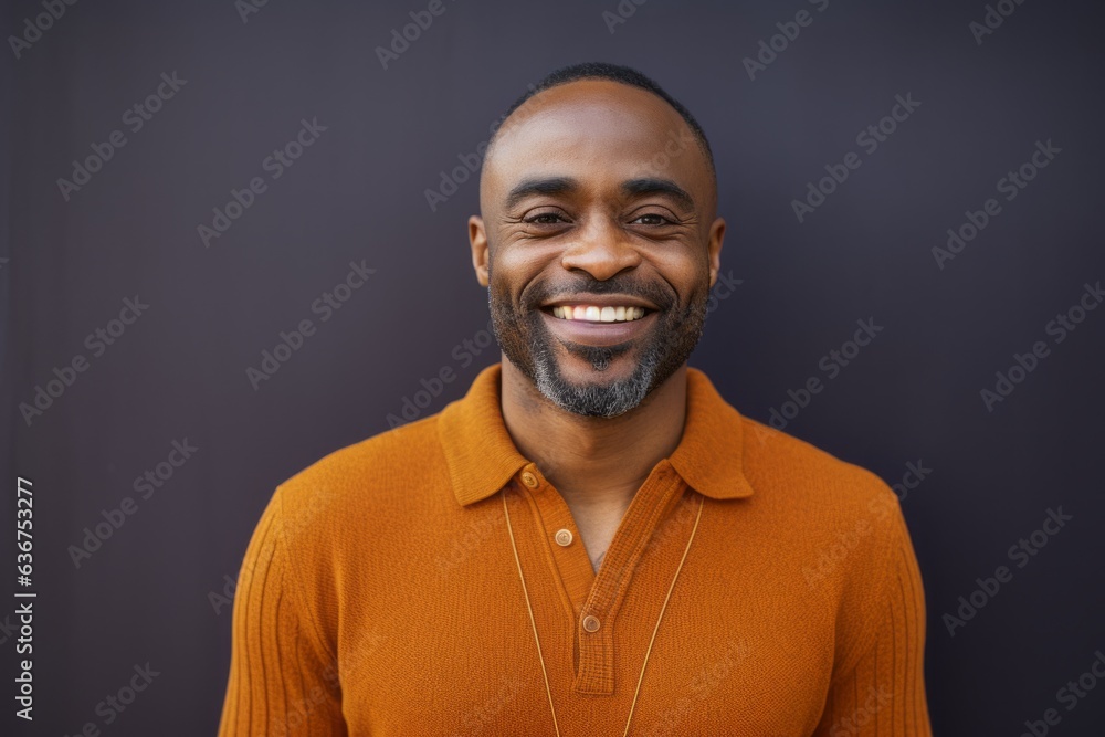 Fototapeta premium Portrait of a Nigerian man in his 40s in an abstract background wearing a chic cardigan