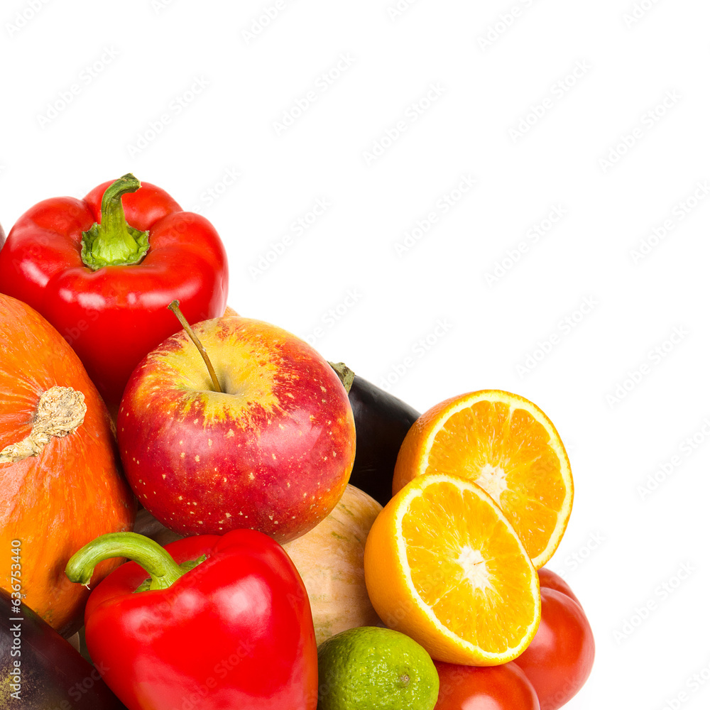 Fototapeta premium Warious vegetables and fruits isolated on white . Free space for text.