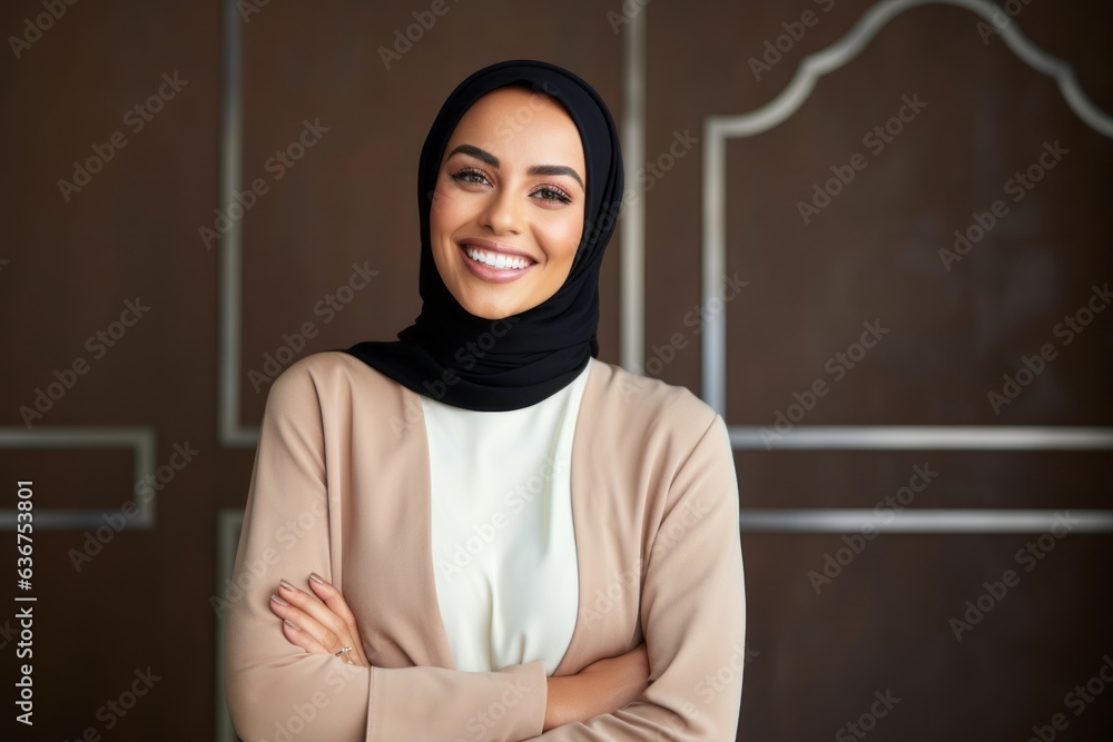 Portrait of a Saudi Arabian woman in her 30s in an abstract background wearing a chic cardigan