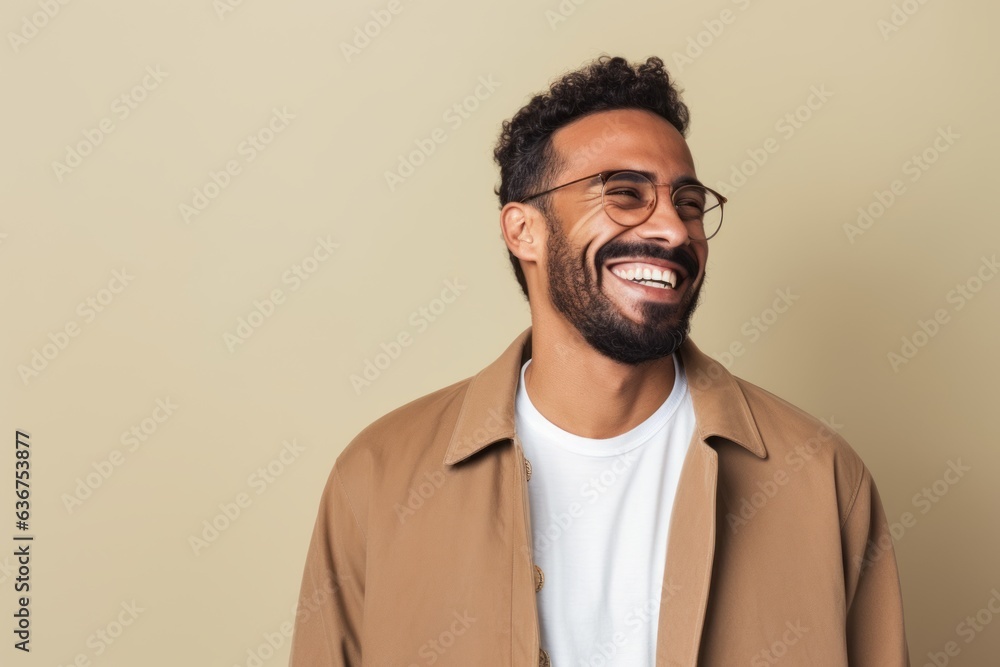 Portrait of a Saudi Arabian man in his 30s in an abstract background wearing a chic cardigan