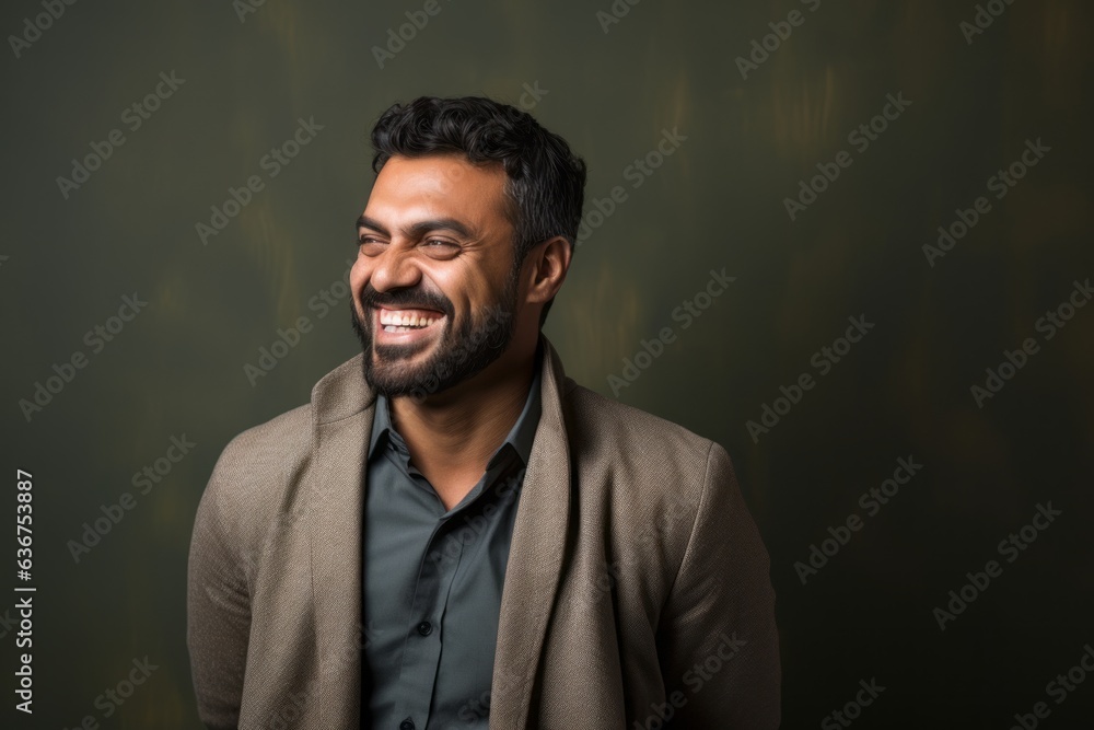 Fototapeta premium Portrait of a Saudi Arabian man in his 30s in an abstract background wearing a chic cardigan