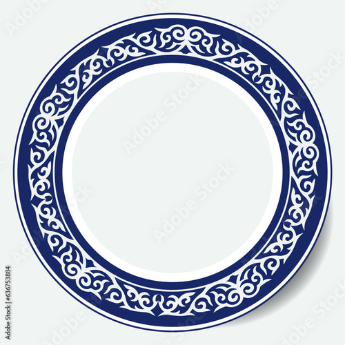 Round Frame, workpiece for your design. Ornamental elements and motifs of Kazakh, Kyrgyz, Uzbek, national Asian decor for plate, textile and print design. Circle frame. Vector. 