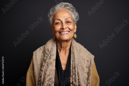 Portrait of a Saudi Arabian woman in her 70s in an abstract background wearing a chic cardigan