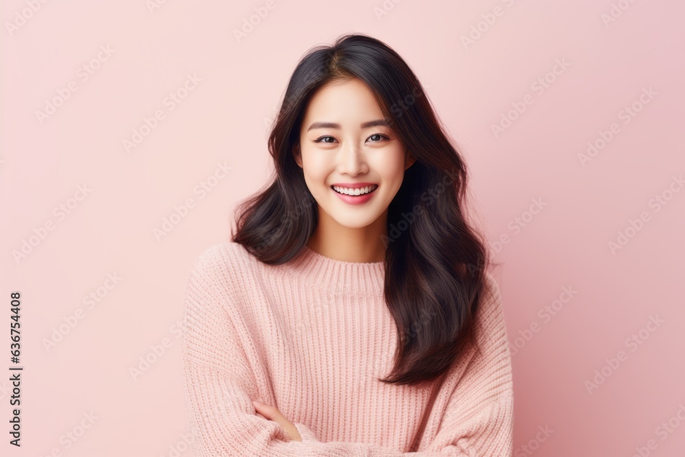 Portrait of a Chinese woman in her 30s in a pastel or soft colors background wearing a cozy sweater Portrait of a Chinese woman in her 30s in a pastel or soft colors background wearing a cozy sweater