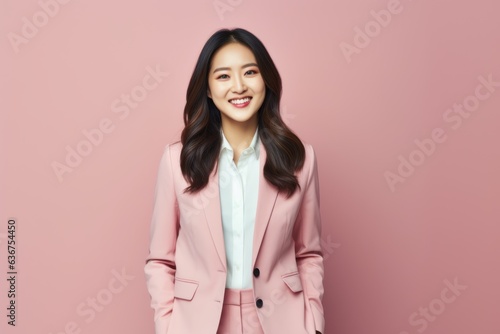 Portrait of a Chinese woman in her 30s in a pastel or soft colors background wearing a sleek suit © Hanne Bauer