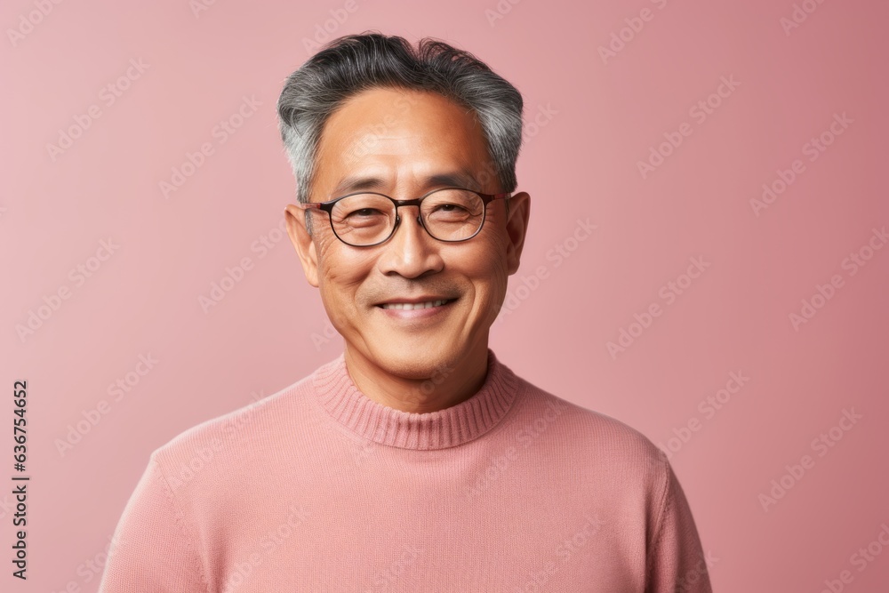 Portrait of a Chinese man in his 50s in a pastel or soft colors background wearing a chic cardigan Portrait of a Chinese man in his 50s in a pastel or soft colors background wearing a chic cardigan