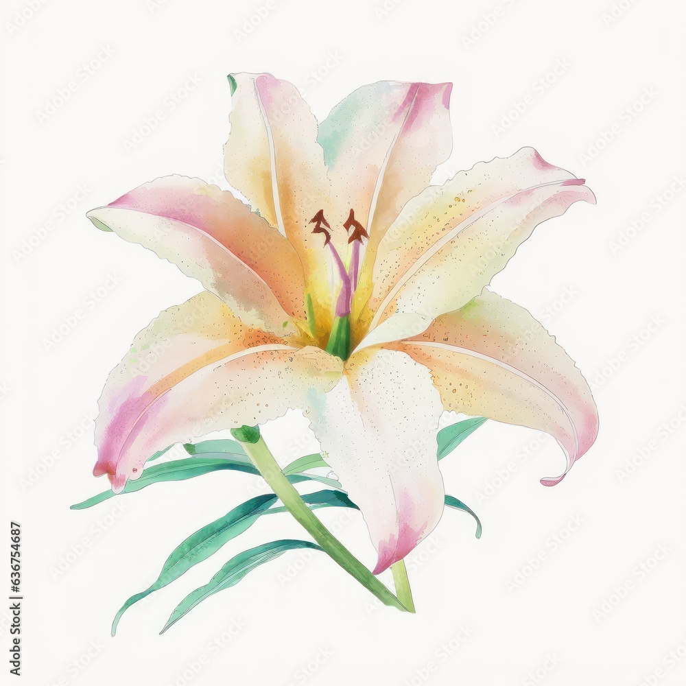 Fototapeta premium White-pink lily flower. Watercolor style. Floral art. Generative AI.