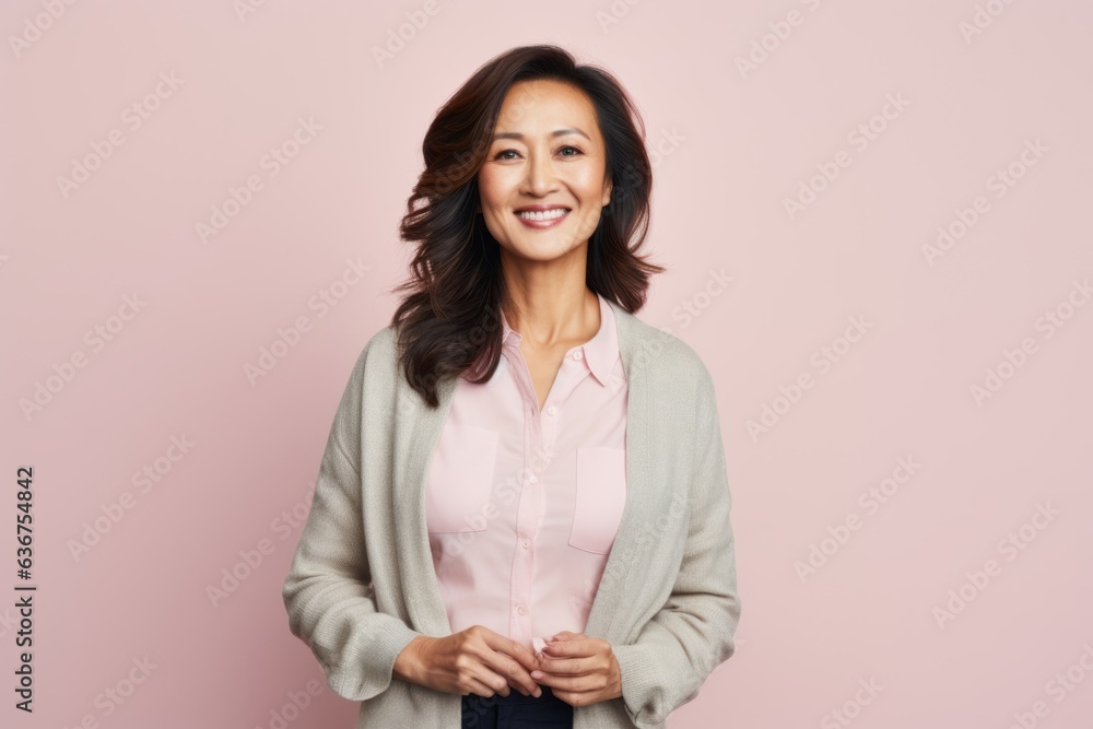 Portrait of a Indonesian woman in her 40s in a pastel or soft colors background wearing a chic cardigan Portrait of a Indonesian woman in her 40s in a pastel or soft colors background wearing a chic cardigan