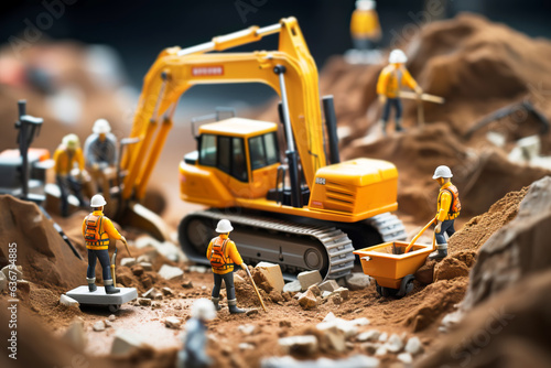 Tiny workers in protective helmets and vests doing earthworks with an excavator. 