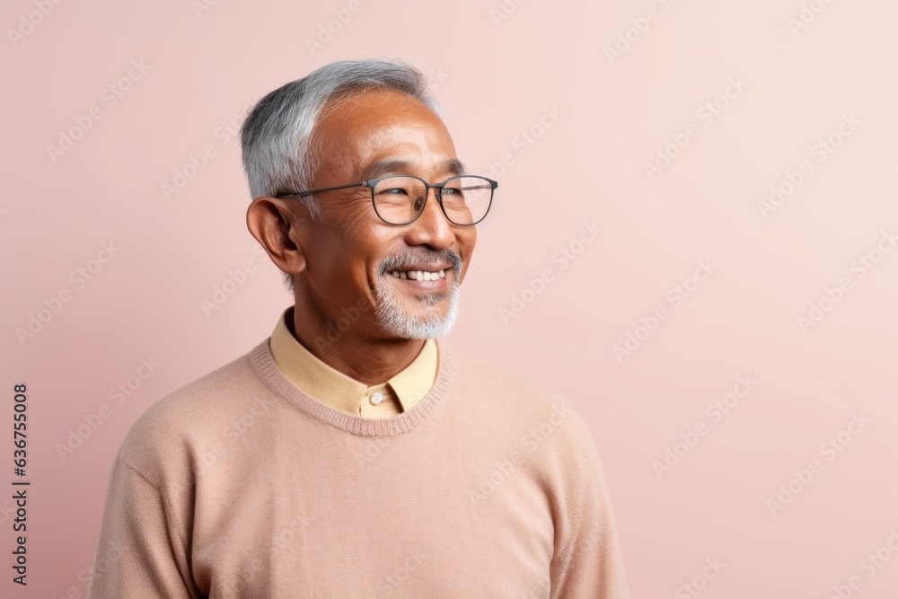 Portrait of a Indonesian man in his 70s in a pastel or soft colors background wearing a chic cardigan Portrait of a Indonesian man in his 70s in a pastel or soft colors background wearing a chic cardigan