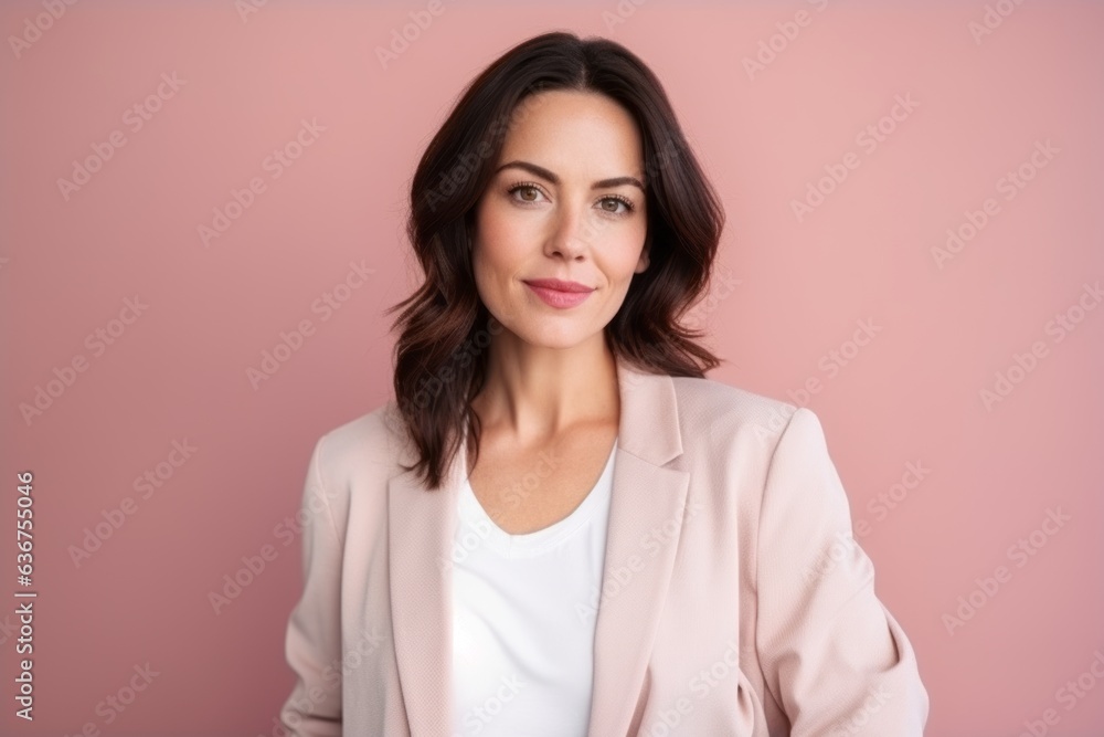 Medium shot portrait of a Russian woman in her 30s in a pastel or soft colors background wearing a chic cardigan