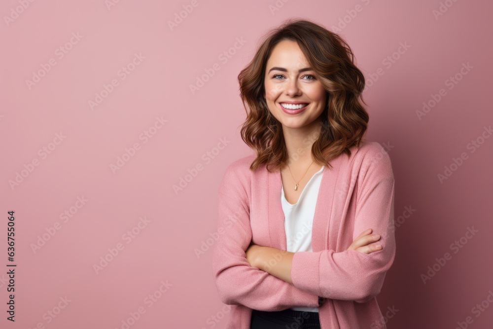 Portrait of a Russian woman in her 30s in a pastel or soft colors background wearing a chic cardigan Portrait of a Russian woman in her 30s in a pastel or soft colors background wearing a chic cardigan