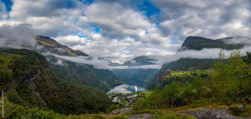Geiranger Fjord Ferry Serene Misty Fjord: Majestic Mountain Landscape and Pristine Waters High Quality Panorama