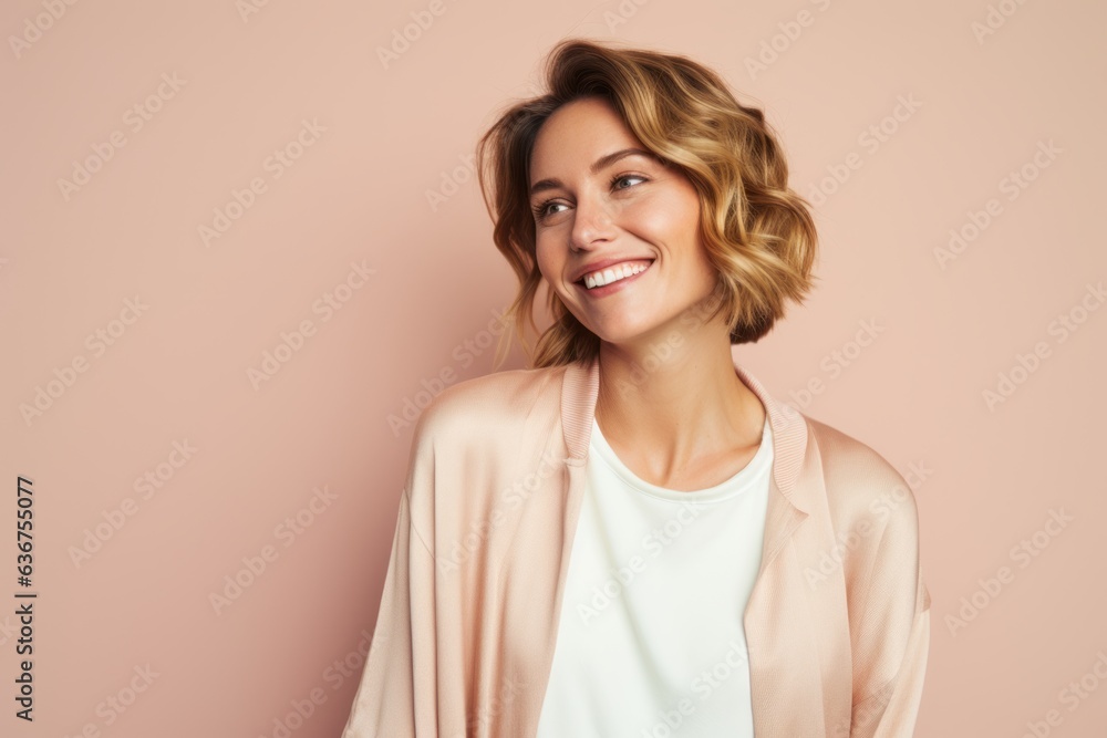 Portrait of a Russian woman in her 30s in a pastel or soft colors background wearing a chic cardigan Portrait of a Russian woman in her 30s in a pastel or soft colors background wearing a chic cardigan