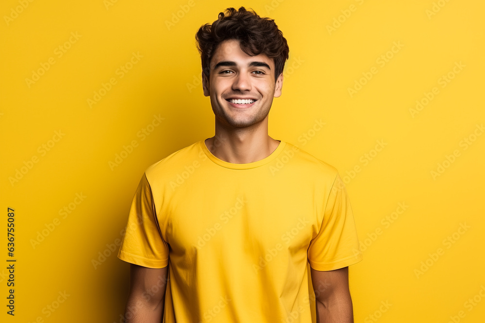 Young beautiful man wearing bella canvas yellow t-shirt mockup on yellow background Young beautiful man wearing bella canvas yellow t-shirt mockup on yellow background
