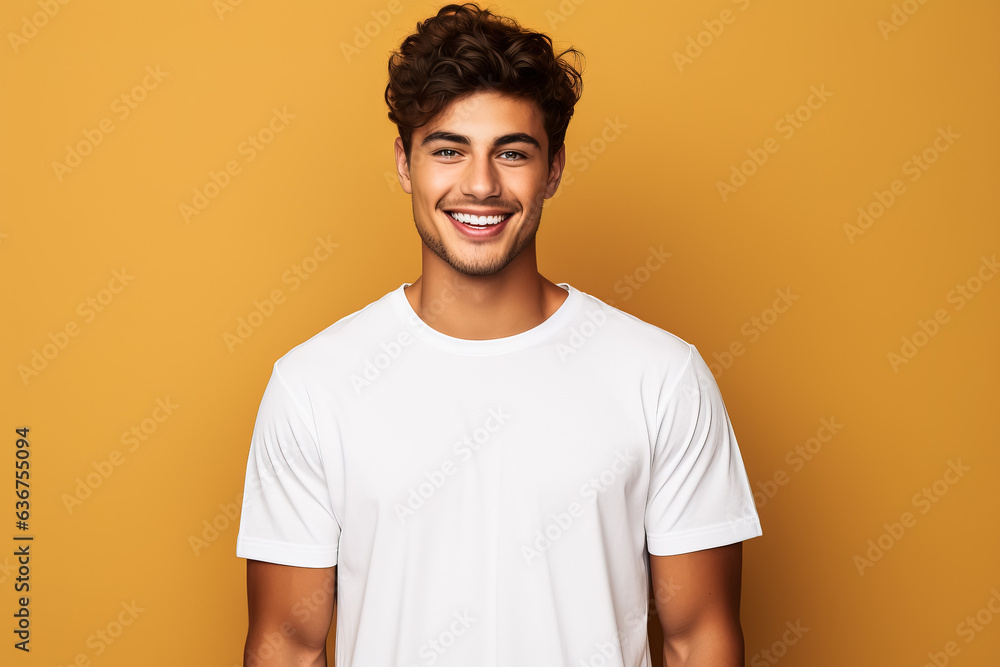 Young man wearing bella canvas white t-shirt mockup on yellow background Young man wearing bella canvas white t-shirt mockup on yellow background