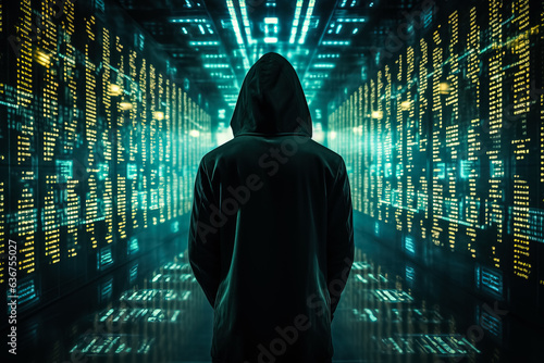 Anonymous hacker back view in hoodie surrounded by a network of glowing data