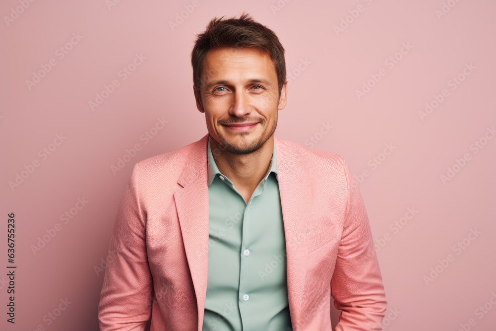 Portrait of a Russian man in his 30s in a pastel or soft colors background wearing a chic cardigan Portrait of a Russian man in his 30s in a pastel or soft colors background wearing a chic cardigan