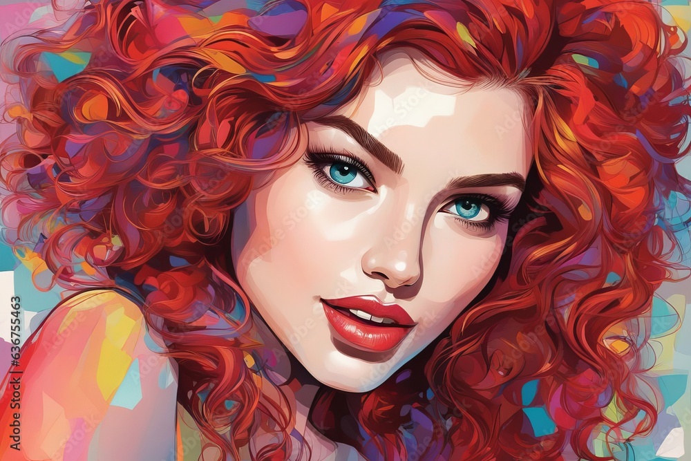 Digital art large portrait of a redheaded girl with hair lying on her shoulder
