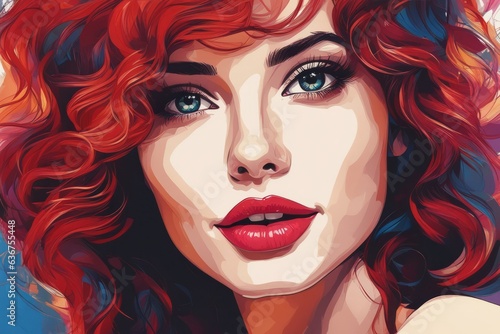 Digital art large portrait of red-haired girl with red lips
