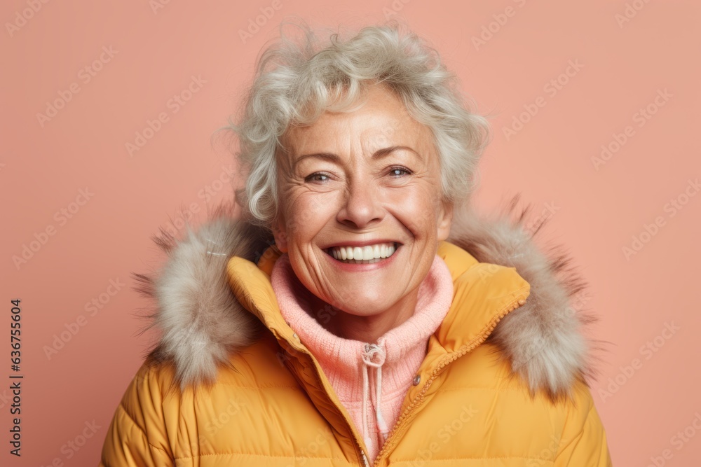 Portrait of a Russian woman in her 70s in a pastel or soft colors background wearing a warm parka Portrait of a Russian woman in her 70s in a pastel or soft colors background wearing a warm parka