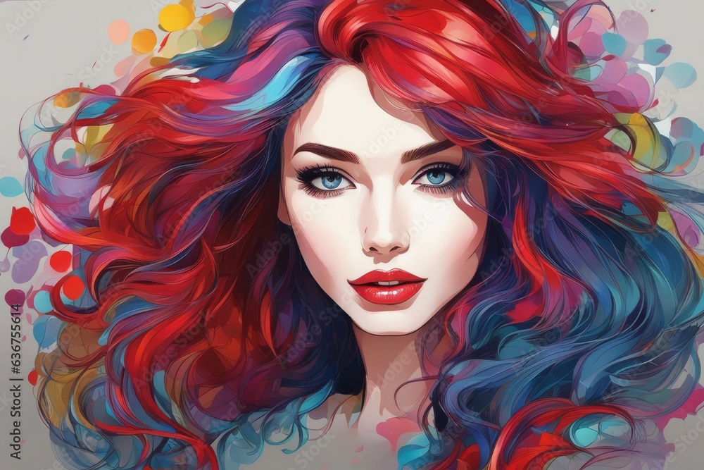 Digital multicolor art large portrait of a girl with blue-red hair and red lips