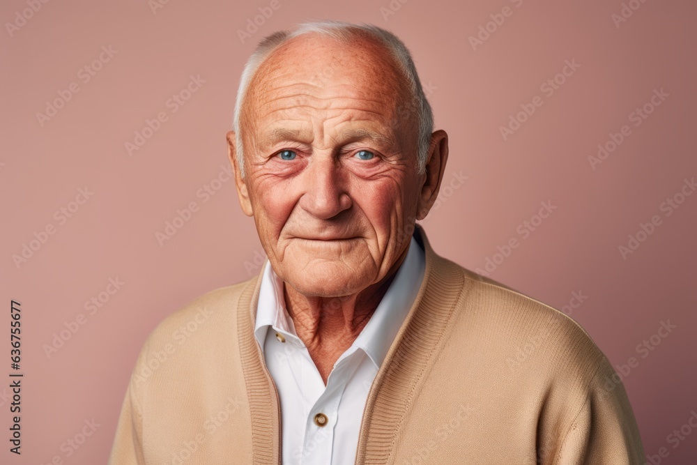 Obraz premium Portrait of a Russian man in his 80s in a pastel or soft colors background wearing a chic cardigan