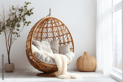 Wicker chair cocoon in a modern living room in boho style.  photo