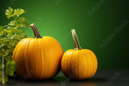 Many Ripe Pumpkins with a green background, Leaves, a wooden table, and Empty Space.
