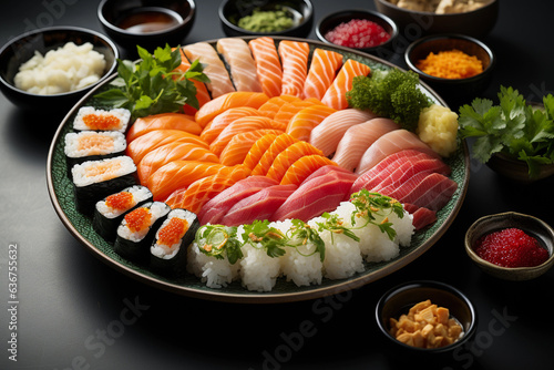 A plate with sushi sashimi and wasabi