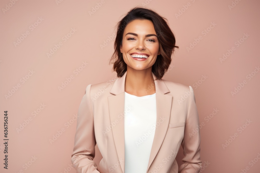Portrait of a Brazilian woman in her 40s in a pastel or soft colors background wearing a sleek suit Portrait of a Brazilian woman in her 40s in a pastel or soft colors background wearing a sleek suit