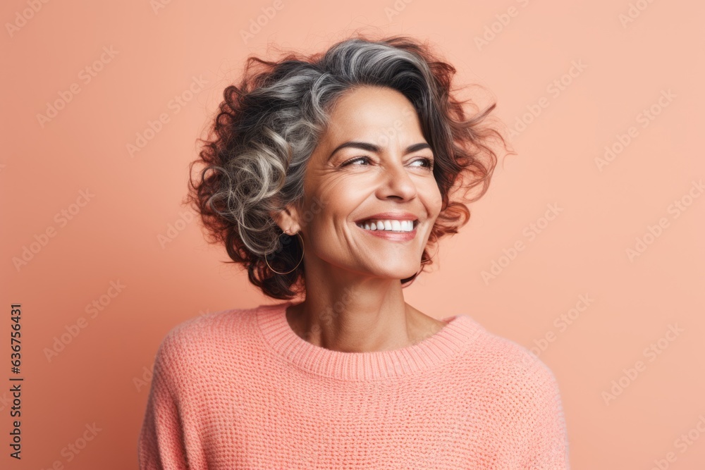 Portrait of a Brazilian woman in her 50s in a pastel or soft colors background wearing a cozy sweater Portrait of a Brazilian woman in her 50s in a pastel or soft colors background wearing a cozy sweater