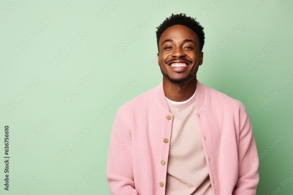 Portrait of a Nigerian man in his 20s in a pastel or soft colors background wearing a chic cardigan Portrait of a Nigerian man in his 20s in a pastel or soft colors background wearing a chic cardigan
