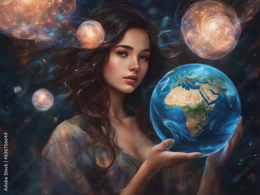 Naklejka premium Girl holding planet earth with two hands in outer space with stars and universes