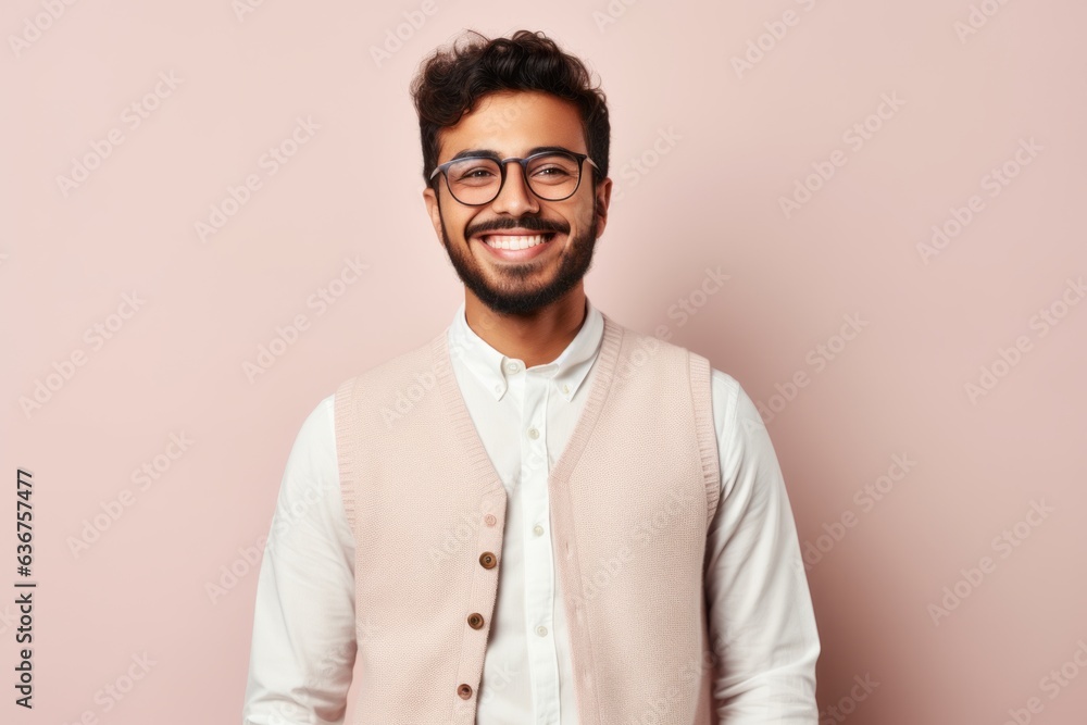 Portrait of a Saudi Arabian man in his 20s in a pastel or soft colors background wearing a chic cardigan Portrait of a Saudi Arabian man in his 20s in a pastel or soft colors background wearing a chic cardigan
