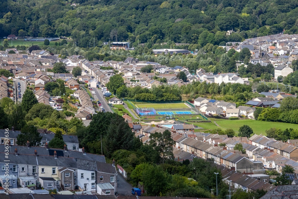 Aerial view of a residential neighborhood in Mountain Ash, South Wales