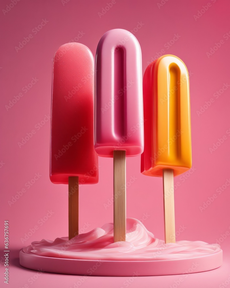 Three ice popsicles on a stick stand on a crème de la crème stand Three ice popsicles on a stick stand on a crème de la crème stand