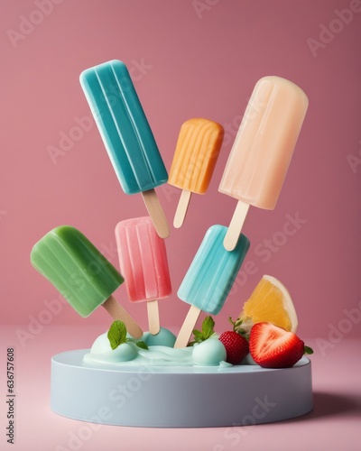 Composition of ice colored ice cream on sticks on a stand with cream with sliced fruit