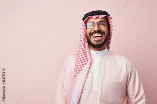 Portrait of a Saudi Arabian man in his 30s in a pastel or soft colors background wearing a chic cardigan