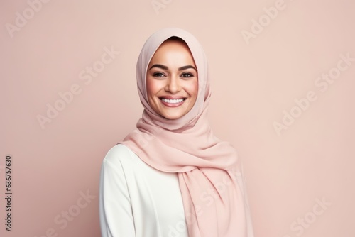 Medium shot portrait of a Saudi Arabian woman in her 40s in a pastel or soft colors background wearing a chic cardigan