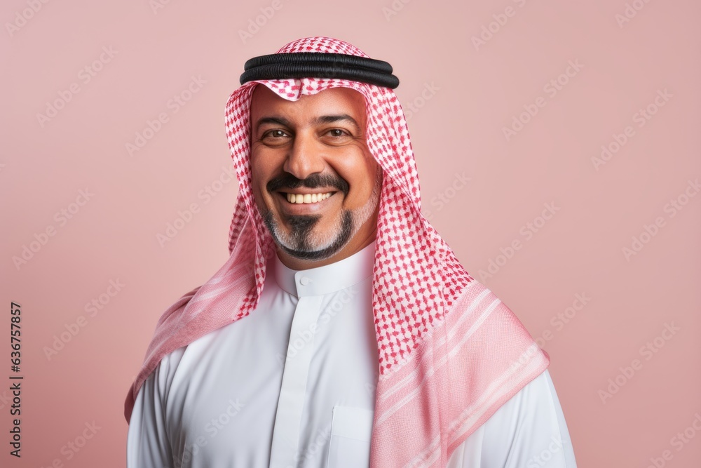 Fototapeta premium Portrait of a Saudi Arabian man in his 40s in a pastel or soft colors background wearing a foulard