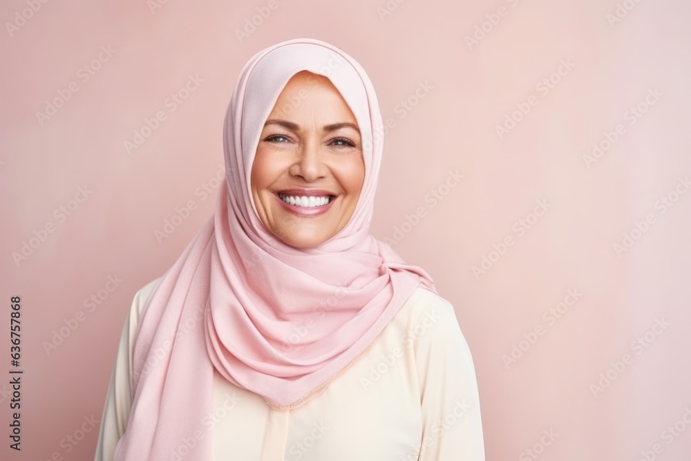 Medium shot portrait of a Saudi Arabian woman in her 50s in a pastel or soft colors background wearing a foulard Medium shot portrait of a Saudi Arabian woman in her 50s in a pastel or soft colors background wearing a foulard