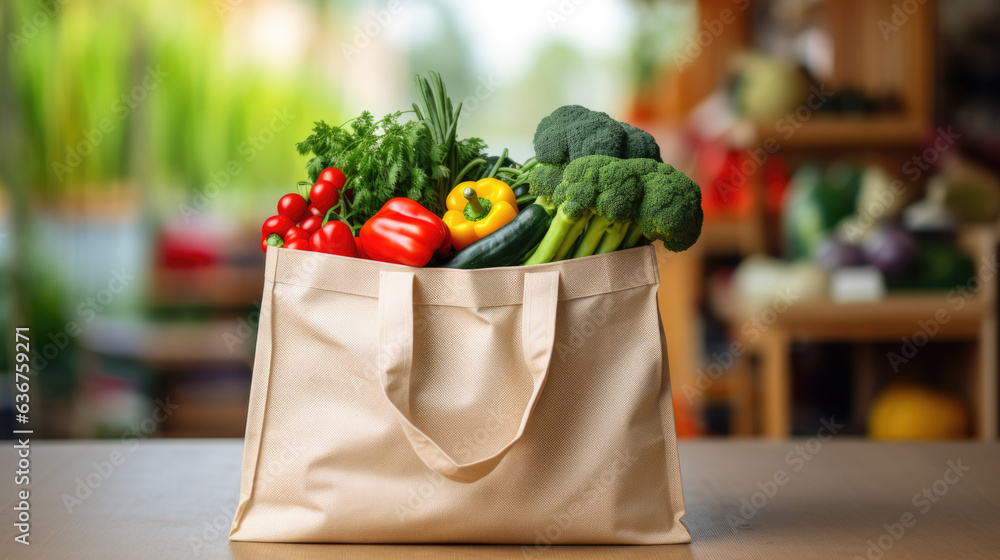 Shopping bag with groceries on wooden table in front of blurry grocery shop Shopping bag with groceries on wooden table in front of blurry grocery shop