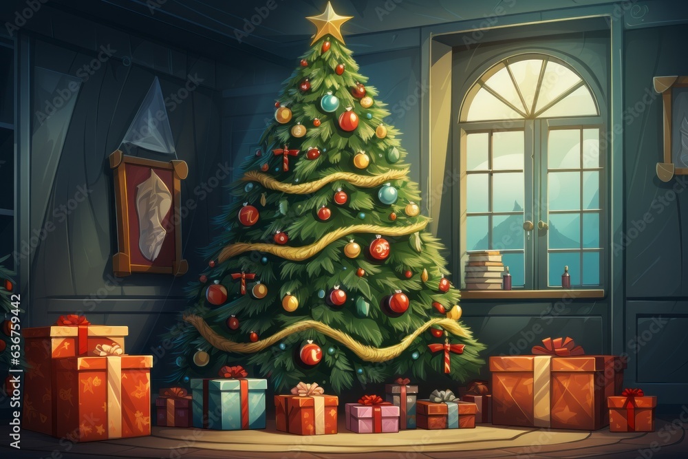 Festive Celebration with Christmas Tree and Decorations. Merry christmas and happy new year concept