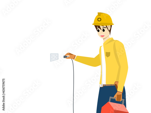 male electrician Power is plugged in of various electrical equipment. Wiring of electrical appliances in the house or in the building. Vector illustration cartoon style technician industrial, safety