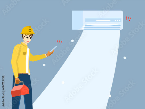 Man electrician pressing the remote switch to turn on the air conditioner. Checking the internal air conditioner system after installation. Vector illustration cartoon style technician, industrial 