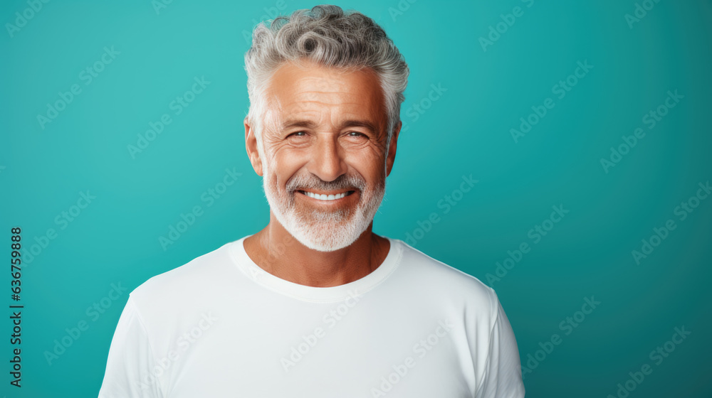 Senior man standing in front of camera in white T-shirt , isolated on blue background Senior man standing in front of camera in white T-shirt , isolated on blue background