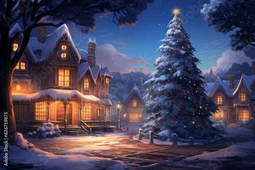 Christmas tree postcard in the courtyard of a snow-covered house in winter. Merry christmas and happy new year concept © top images