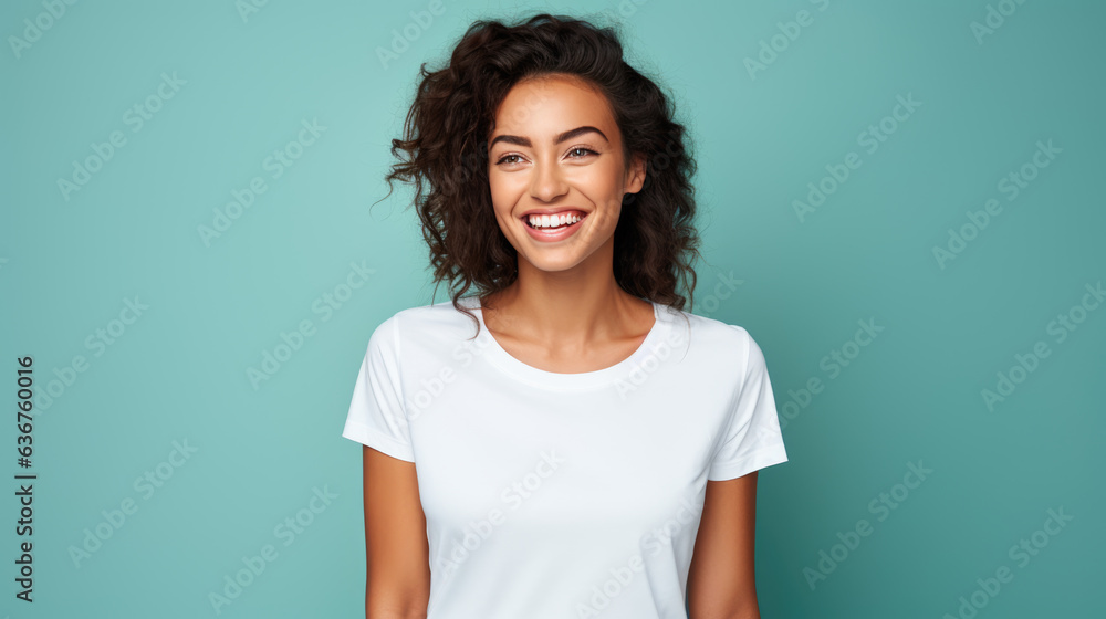 Young female standing in front of camera in white T-shirt , isolated on blue background Young female standing in front of camera in white T-shirt , isolated on blue background