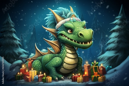 Fairytale dragon in postcard style. Merry christmas and happy new year concept